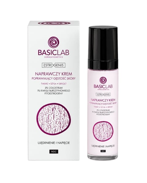 BasicLab Dermocosmetics Estrogenis Repairing Night Cream for the Face, Neck and Décolletage to Improve Skin Density – 3% Colostrum, 1% Succinic Acid, Phytoestrogens – Firming & Tightening 50ml