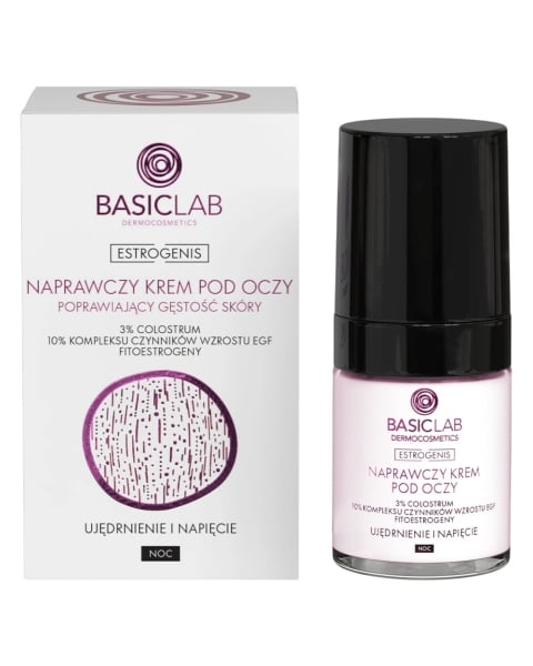 BasicLab Repairing Night Eye Cream for Improved Skin Density – 3% Colostrum, 10% EGF Growth Factor Complex, Phytoestrogens – Firming & Tightening 18ml
