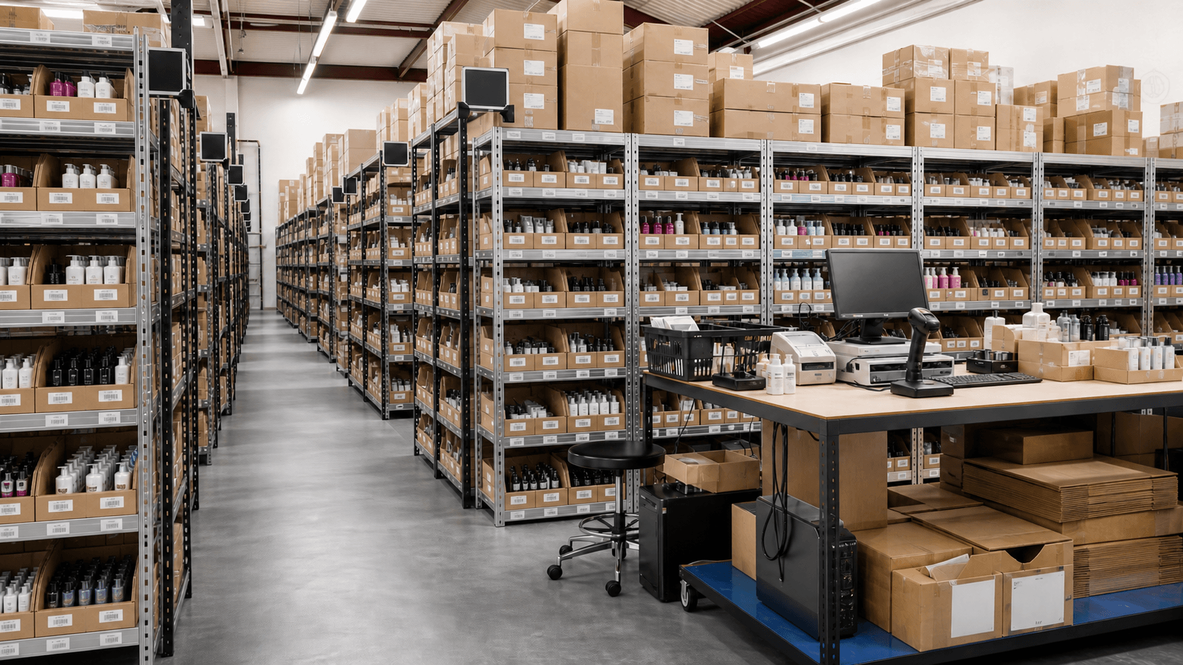 Organised Clamanti-style warehouse with barcode-labelled pick bins, packing bench and multiple rows of beauty product racking